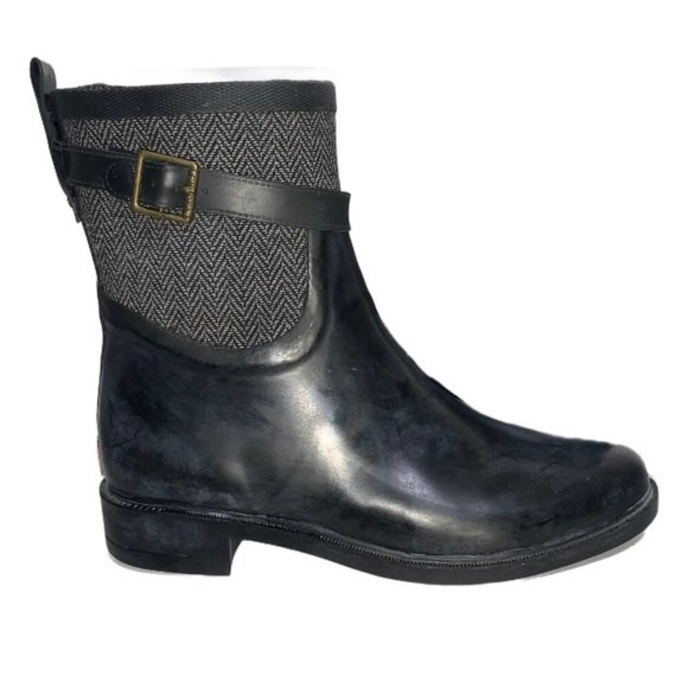 Chooka Womens Buckled Herringbone Mid Black Gray Waterproof Mid Calf Rain Boots